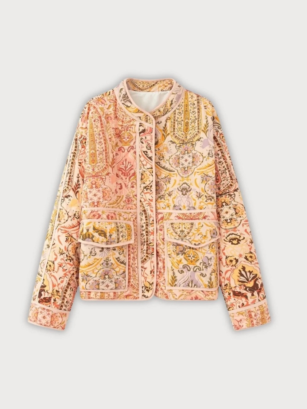 Quilted Floral Print Jacket - Pink & Yellow